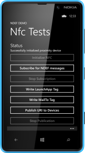 NdefDemo Example App on the Lumia 820