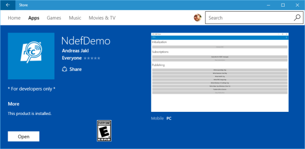 NdefDemo for Windows 10 in the Store